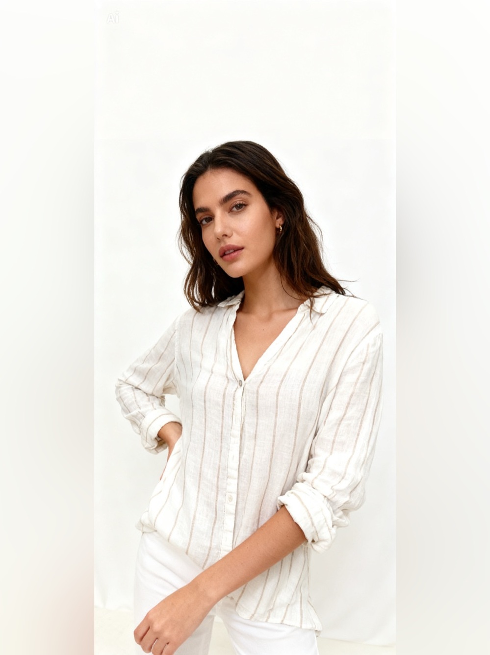 Halston Heritage Ivory and Tan Striped Linen Shirt